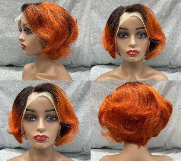 Human Hair 13x4 Full Lace Front 1B/Ginger Pixie Cut Wig