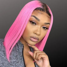 Load image into Gallery viewer, Human Hair 4x4 Lace Closure Ombre 1B/Pink Straight Bob Wig
