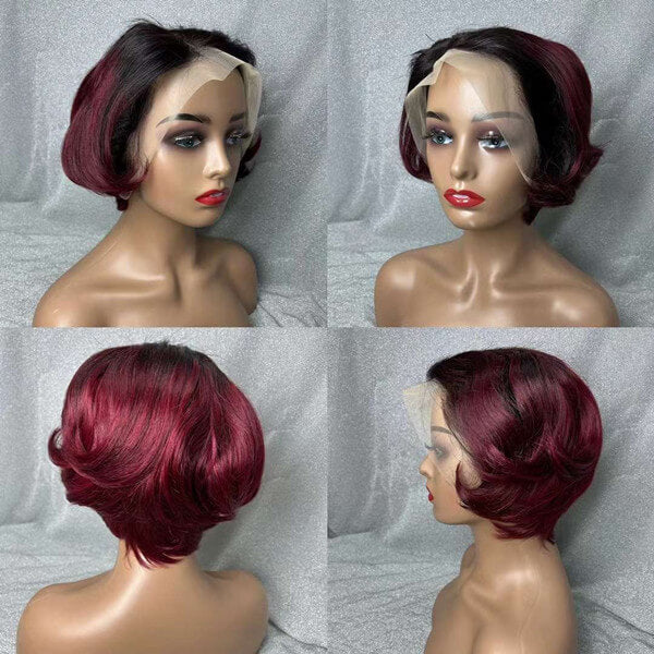 Human Hair 13x4 Full Lace Front 1B/99J Pixie Cut Wig